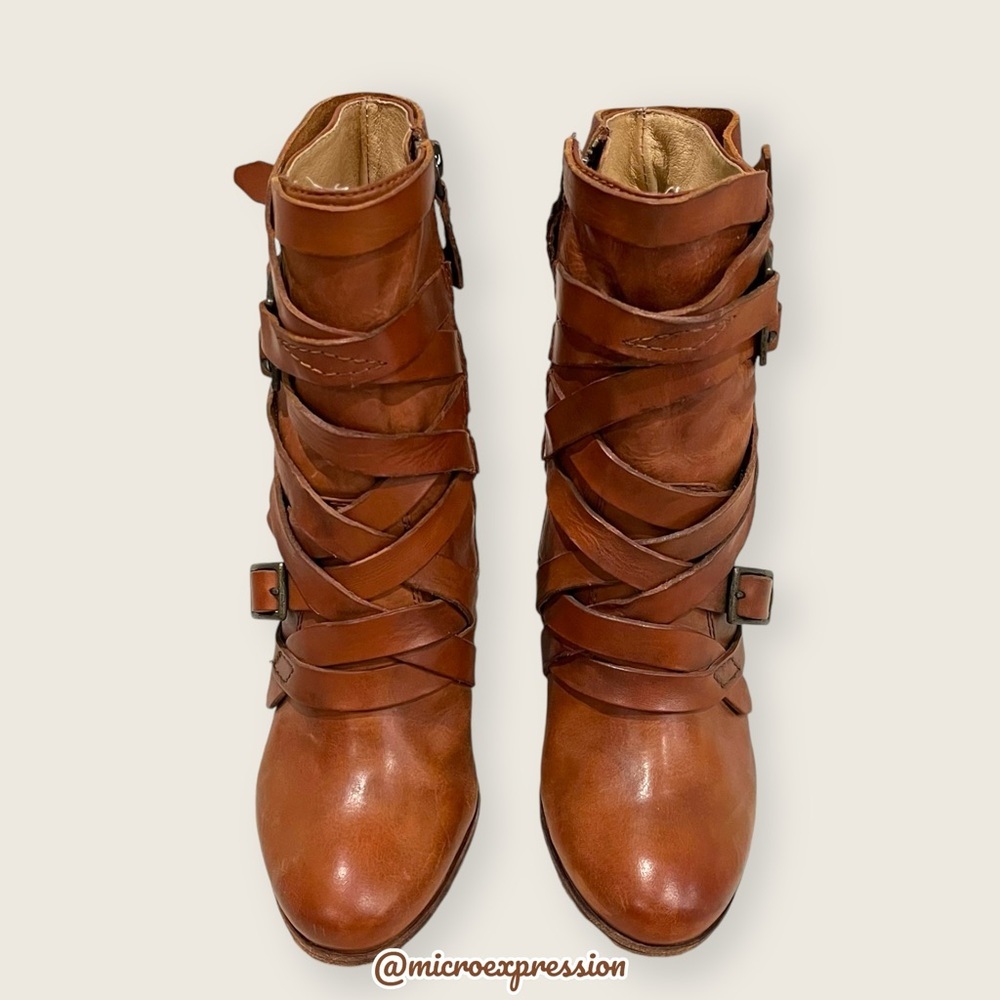 $369 Frye Mikaela Strappy Cognac Distressed Leather Zip Up Career Ankle Bootie - Picture 4 of 11